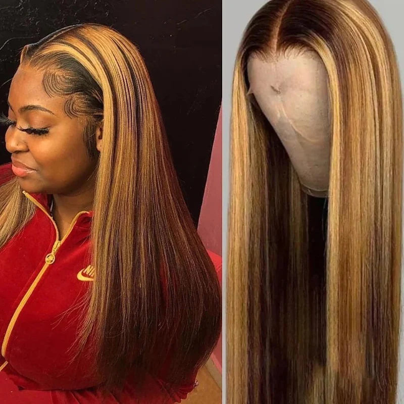 Brown Highlight Frontal Lace Wig Straight Middle Part